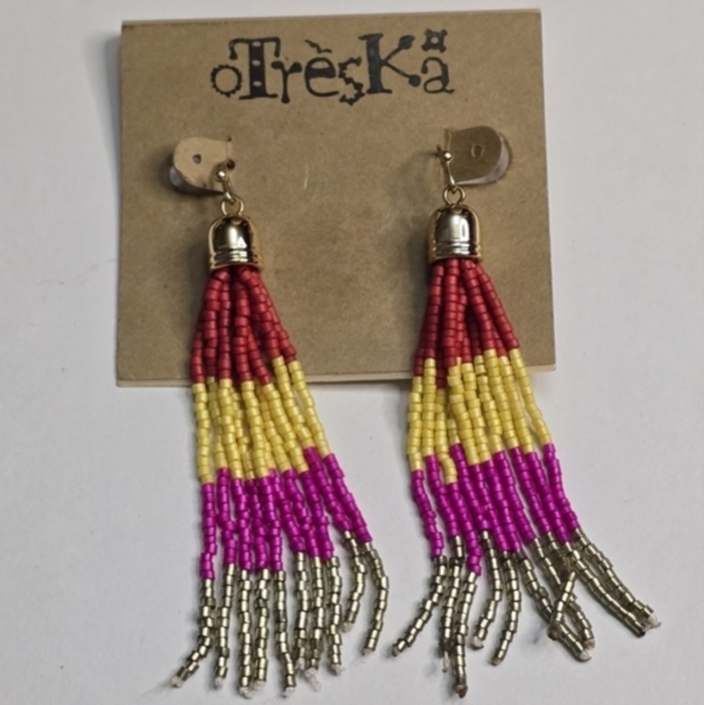 Treska Beaded Tassel Earrings Red Yellow Pink Silver Fringe Drop Boho Statement